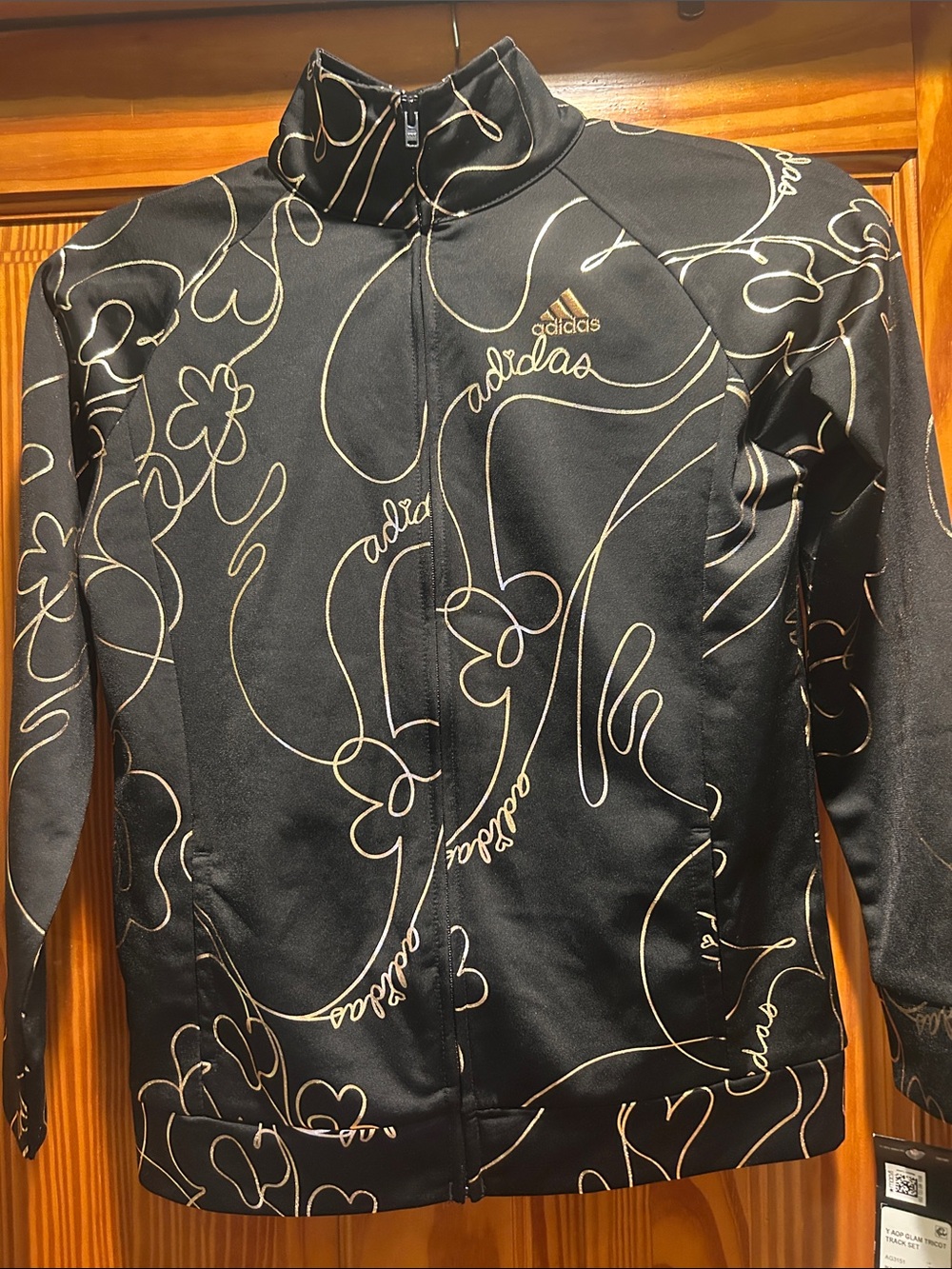 Girls  Adidas Black rJacket with Gold Script & Floral Line Design
